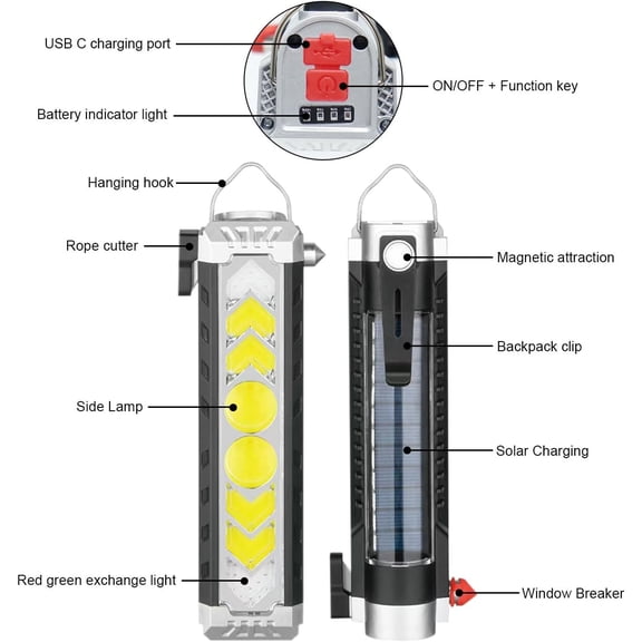 ZANHUA-Car Flashlight Solar Flashlight, Window Breaker & Seat Belt Cutter, Multi-Function Torch Tool Magnetic LED COB Work Light with Hook for Car Repair, Camping, and Emergency Use (1 Pack)