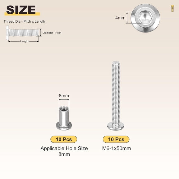 ZANHUA-Crib Screws Replacement Set(M6-1x50mm) 20Pcs, Stainless Steel Connector Bolts M6 Screw Barrel Nuts Binding Screws, for Chair Cabinet Bed, Silver