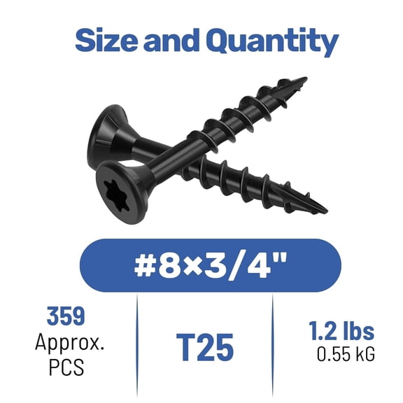ZANHUA-Deck Screws,Black, Rust-Resistant, Salt Spray Resistant, Epoxy Coated, T25 Torx Bit Included for Wood Fence, Decking & Outdoor US (#83/4", 1.2LBS Black)