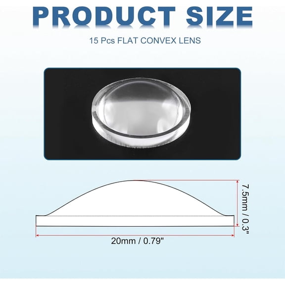 ZANHUA-Diameter 20mm Flat Convex Lens, 15 Pcs Height 7.5mm PMMA Acrylic LED Optical Convex Condenser Lens with Edge for Flashlight Car Bike Head Lamp Spotlight, Transparent