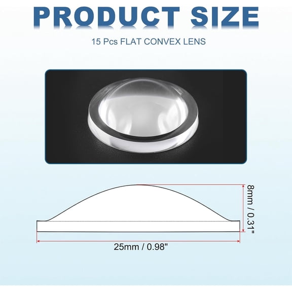 ZANHUA-Diameter 25mm Flat Convex Lens, 15 Pcs Height 8mm PMMA Acrylic LED Optical Convex Condenser Lens with Edge for Flashlight Car Bike Head Lamp Spotlight, Transparent