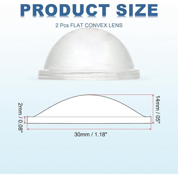 ZANHUA-Diameter 30mm Flat Convex Lens, 2 Pcs Height 14mm High Borosilicate Glass LED Optical Convex Condenser Lens with Edge for Flashlight Car Bike Head Lamp Spotlight, Clear 2mm