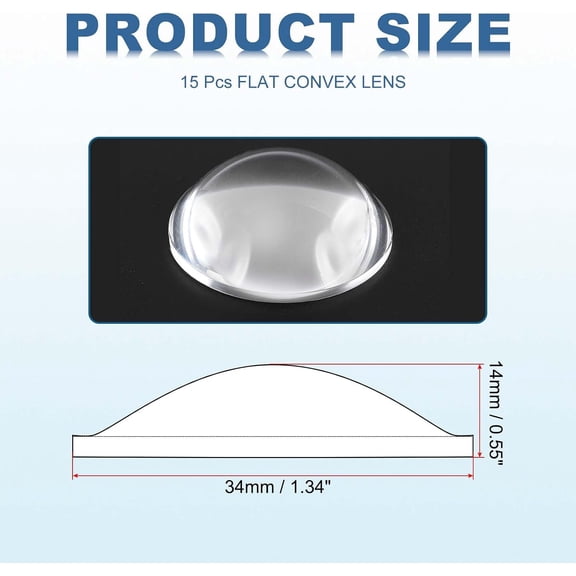 ZANHUA-Diameter 34mm Flat Convex Lens, 15 Pcs Height 14mm PMMA Acrylic LED Optical Convex Condenser Lens with Edge for Flashlight Car Bike Head Lamp Spotlight, Transparent