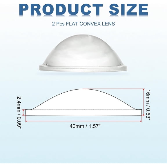 ZANHUA-Diameter 40mm Flat Convex Lens, 2 Pcs Height 16mm High Borosilicate Glass LED Optical Convex Condenser Lens with Edge for Flashlight Car Bike Head Lamp Spotlight, Clear 2.4mm