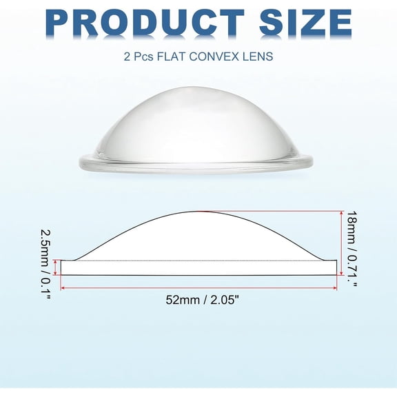 ZANHUA-Diameter 52mm Flat Convex Lens, 2 Pcs Height 18mm High Borosilicate Glass LED Optical Convex Condenser Lens with Edge for Flashlight Car Bike Head Lamp Spotlight, Clear 2.5mm