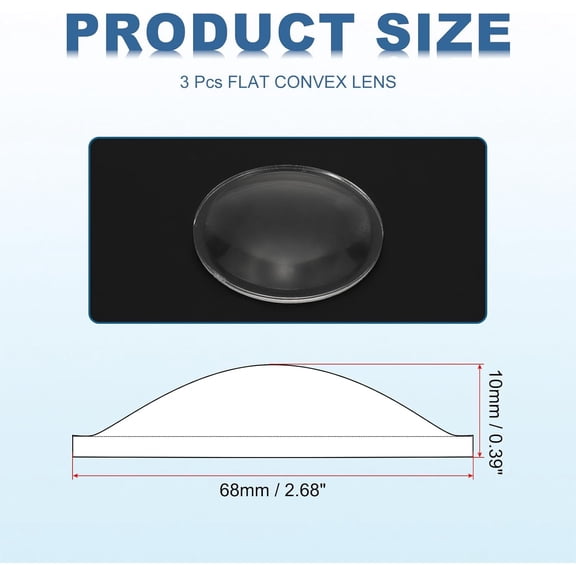 ZANHUA-Diameter 68mm Flat Convex Lens, 3 Pcs Height 10mm Acrylic LED Optical Convex Condenser Lens with Edge for Flashlight Car Bike Head Lamp Spotlight, Transparent