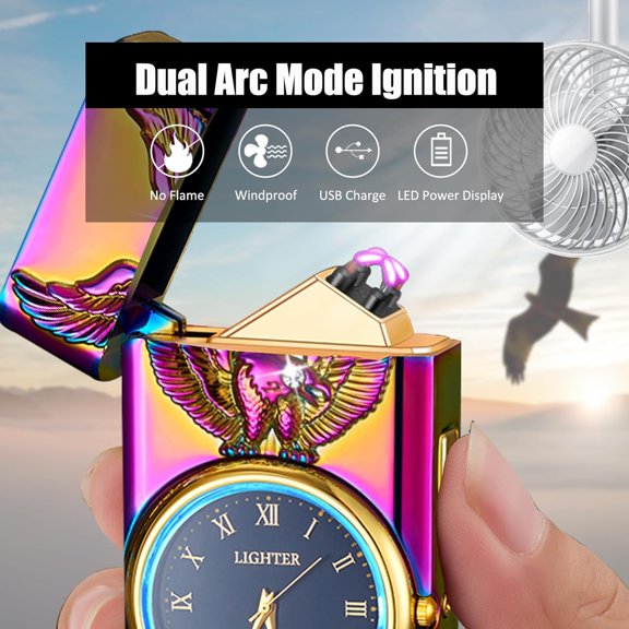ZANHUA-Electric Lighter with Plasma Arc, Windproof USB Rechargeable Lighter with Cool Design, Clock Dial, Flashlight, Power Display for Outdoor Daily Use, Gift for Men Women (Eagle, Multicolor)