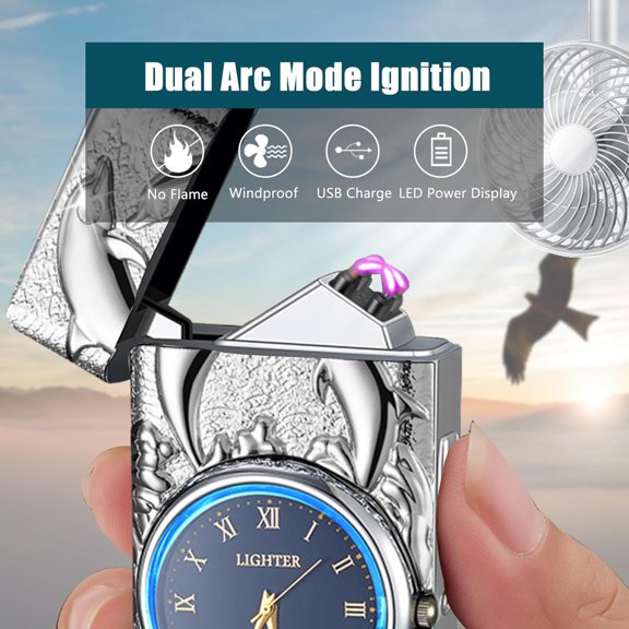 ZANHUA-Electric Lighter with Plasma Arc, Windproof USB Rechargeable Lighter with Cool Design, Clock Dial, Flashlight, Power Display for Outdoor Daily Use, Gift for Men Women (Dolphin, Silver)