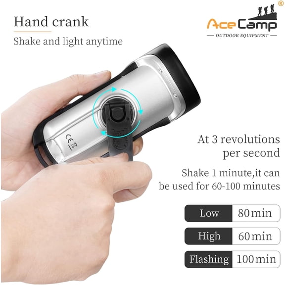 ZANHUA-Flashlight Hand Crank Solar Powered, IPX6 Emergency Flashlight, Outdoor Rescue, Camping, Hiking