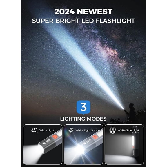ZANHUA-Flashlights,Recargeable Flashlight LED with 3 Modes & Hook and Zoomable & Waterproof 2-in-1 Flash Light and Side Light for Camping/Home/Emergency,G1 (Gray)