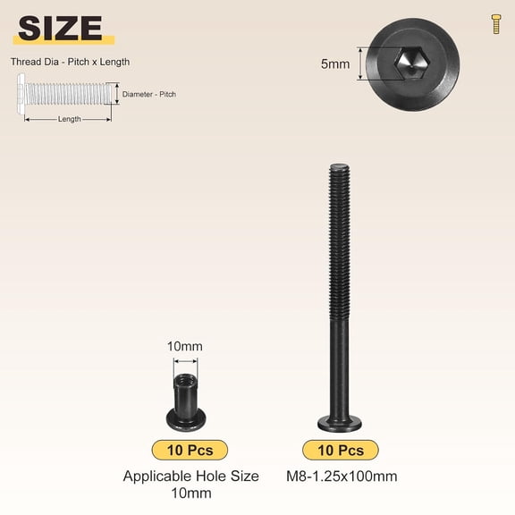 ZANHUA-Furniture Crib Screws Replacement Set(M8-1.25x100mm) 20Pcs, Galvanization Connector Bolts M8 Screw Barrel Nuts Binding Screws, for Chair Cabinet Bed, Black
