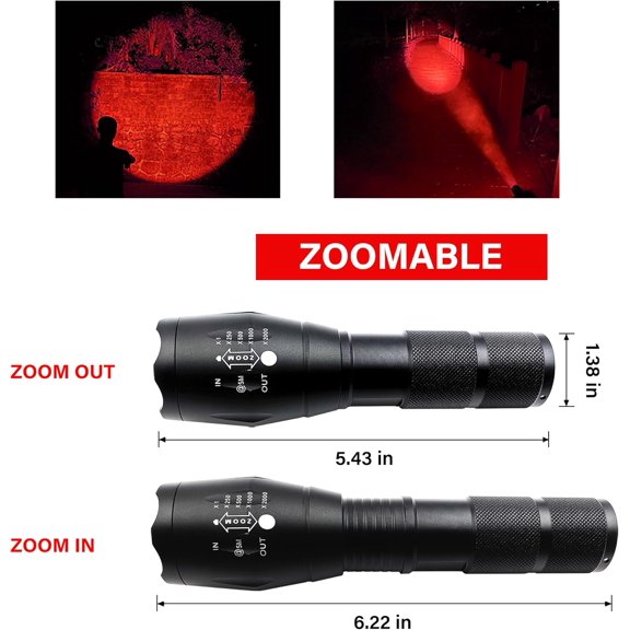 ZANHUA-High Power Red LED Flashlight,Zoomable Long Range Red Hunting Light Flashlight Torch for Hunting, Detection, Night Observation