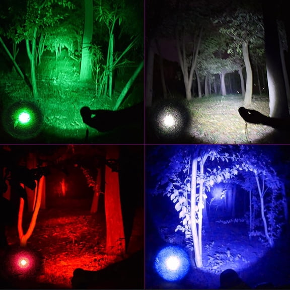 ZANHUA-LED Red Flashlight Rechargeable, Zoomable, Waterproof, Powerful, 4 Color in 1 LED Green Light, Blue Light, White Light Flashlight Torch for Home, Outdoor, Camping, Night Observation