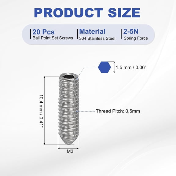 ZANHUA-M3x10mm Ball Point Set Screws, 20 Pcs 304 Stainless Steel Hex Socket Spring Ball Point Grub Screws for Industrial Machine Home Furniture Workplaces, Silver