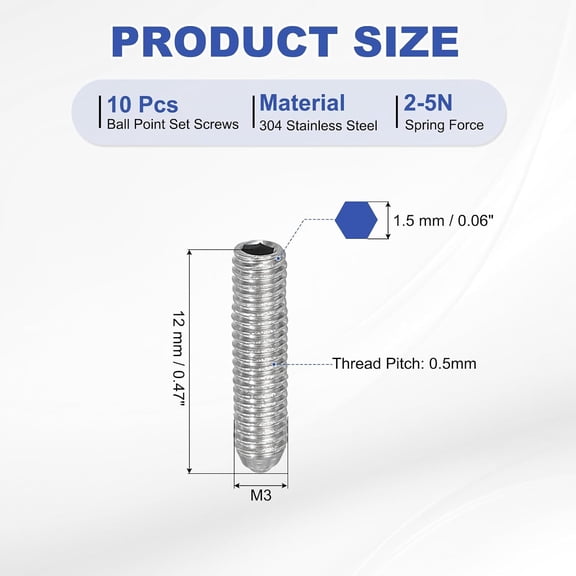 ZANHUA-M3x12mm Ball Point Set Screws, 10 Pcs 304 Stainless Steel Hex Socket Spring Ball Point Grub Screws for Industrial Machine Home Furniture Workplaces, Silver