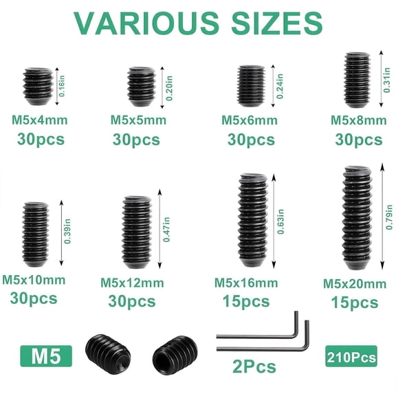 ZANHUA-M5 Set Screws Black Allen Head Socket Hex Grub Screw with Internal Hex Drive 210Pcs M5x4/5/6/8/10/12/16/20mm 12.9 Class Alloy Steel Headless Metric Hex Socket Head Cup Point Set Screw