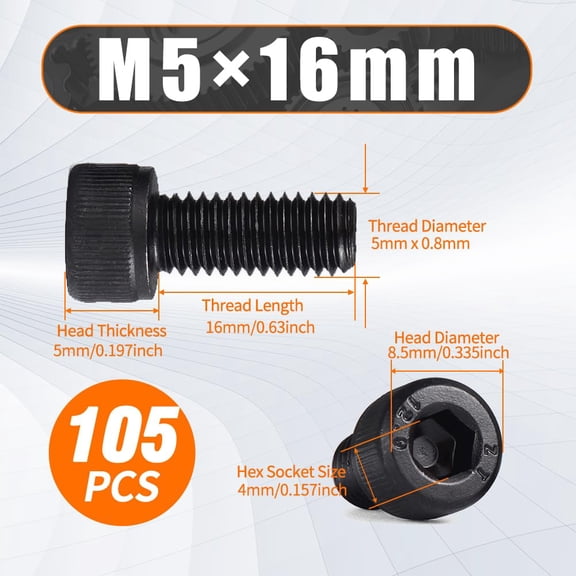 ZANHUA-M5 x 16mm Hex Socket Cap Head Screws Bolts, 105pcs 12.9 Grade Alloy Steel Machine Screws Black Oxide Finish Full Thread Metric SHCS -DIN912
