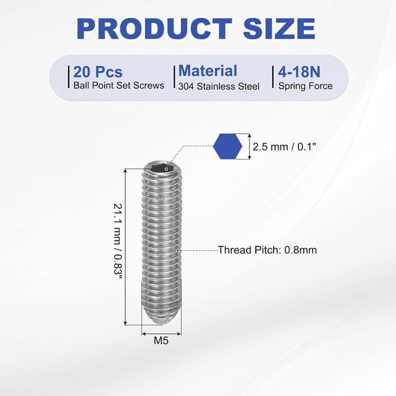 ZANHUA-M5x20mm Ball Point Set Screws, 20 Pcs 304 Stainless Steel Hex Socket Spring Ball Point Grub Screws for Industrial Machine Home Furniture Workplaces, Silver