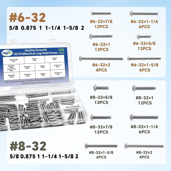 ZANHUA-Machine Screw Kit,102PCS #6-32#8-32 Electrical Long Outlet Screws Phillips Pan Head Electricians 304 Stainless Steel Screws 5/8 to 2 inch for Electrical Wall Plate Switch, Receptacles Mountin
