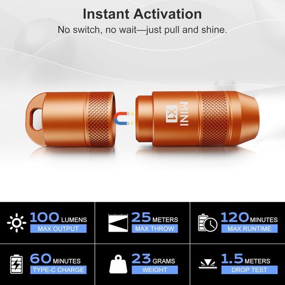 ZANHUA-Mini Keychain Flashlight  Instant On Pull to Light, 100 Lumens Tiny EDC Flash Light, USB-C Rechargeable Micro LED Torch, Waterproof IPX6, for Everyday Carry, Emergency & Outdoor Use (Orange)