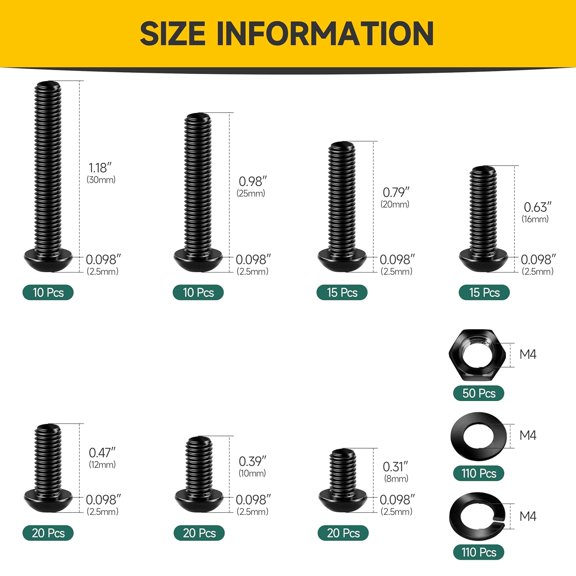 ZANHUA-Mywish 380 Pcs M4 Screw Nuts and Bolts Assortment Kit, Grade 10.9 Alloy Steel Button Head Socket Cap Metric Screws Bolts, Spring & Flat Lock Washers/Nuts/Hex Wrenches, M4 Bolts x 8/10/12/16/2