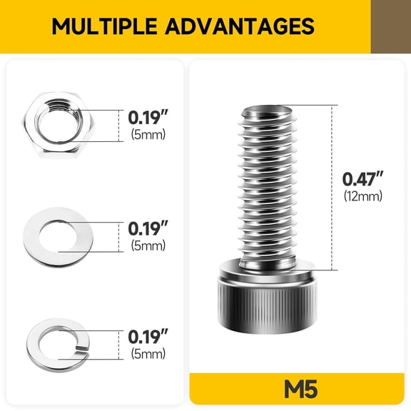 ZANHUA-Mywish (50Sets) M5 Screw Kit, M5 x 12mm Socket Head Cap Screws Bolts, 304 Stainless Steel Allen Socket Hex Drive Bolts, Bright Finish M5 Screws with Nuts and Washers & Hex Spanner