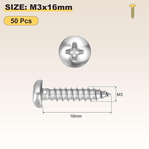 ZANHUA-Phillips Pan Head Self Tapping Screws(M3x16) 50Pcs, 304 Stainless Steel Self Drilling Screw for Metal Wood Plastic, for Cabinet Wall Shutter Plate Rock Furniture, Silver Tone