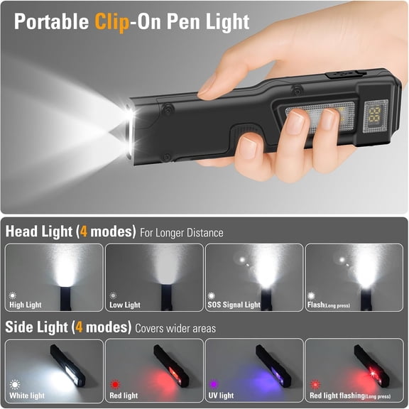ZANHUA-Rechargeable EDC Flashlight with Clip, Portable Pocket Light with UV & Red Light, SOS & Strobe Modes, USB-C Slim Mini Flat Flashlight for Inspection, Working, Emergency & Everyday Carry