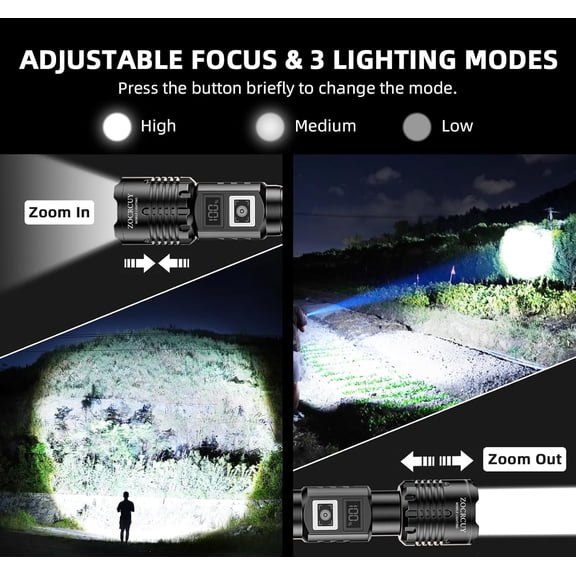 ZANHUA-Rechargeable Flashlights 2000 High Lumens Flash Light Super Bright COB Flashlight 5 Modes Zoomable with LCD Digital Display Home Camping Emergency Flash Light (30, Watts)