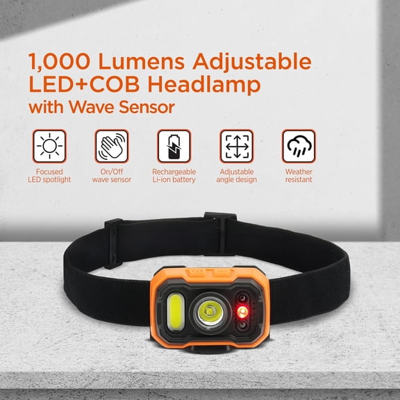 ZANHUA-Rechargeable Headlamp with Wave Sensor, Ultra Bright 1,000 Lumens LED Head Light, Adjustable 90 Tilt, 7 Lighting Modes, IP65 Waterproof, Fits Over Helmet, 14 Hour Head Lamp for Camping