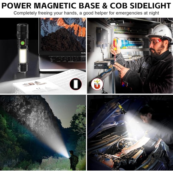 ZANHUA-Rechargeable LED Flashligh, USB Magnetic Flashlights with Cob Sidelight, Small Tactical Flashlights, Waterproof, Zoomable, Portable Handheld Flash Light for Home, Emergency, Outdoor