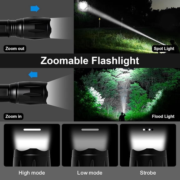 ZANHUA-Rechargeable LED Flashlight, Bright Tactical Torch High Lumens, White Light, Waterproof Handheld Zoomable Flash Light, Gifts for Men, Hunting Camping Essentials Gear