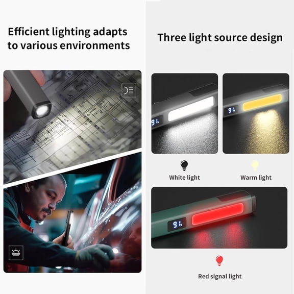 ZANHUA-Rechargeable LED Pen Light, Outdoor Portable Multifunctional Work Light, 6 Mode White, 3500K Warm Lamp and Red Lamp, Equipped with Magnetic Attraction and Battery Level Display.