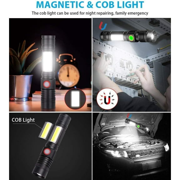 ZANHUA-Rechargeable Tactical Flashlights, LED Flashlight with Magnet/Side Work Light/4 Modes/Zoomable/Water Resistant, High Lumens Super Bright Flash Light for Hiking Repairing Camping EDC(1 Pack)