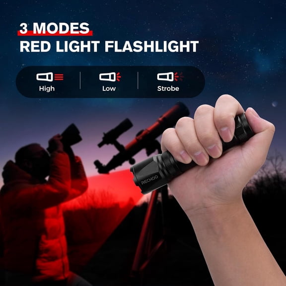 ZANHUA-Red Light Flashlight, High-Powered 3 Modes Red LED Rechargeable Flashlights with Clip & Lanyard, Zoomable and Portable Red Flashlights for Hunting, Astronomy, Aviation, Night Observation