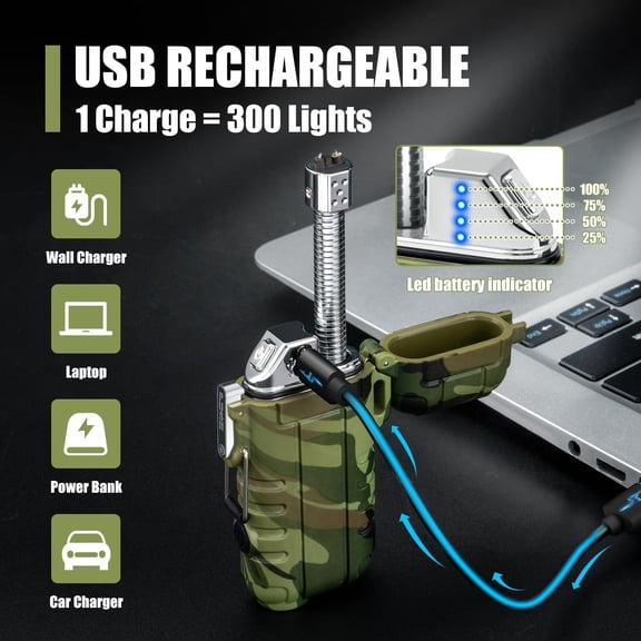 ZANHUA-USB Rechargeable Electric Arc Lighters Windproof Plasma Lighter with LED Battery Display, Waterproof Matches with Flashlight for Camping, Survival Tactical Gear
