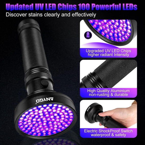 ZANHUA-UV Blacklight Flashlights, 100 LED With UV Pen light Ultraviolet Blacklight for Pet Urine Detection/Resin Curing/Rocks/Scorpion
