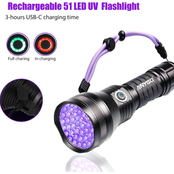 ZANHUA-UV Blacklight Flashlights, 51 LED Rechargeable Ultraviolet Blacklight for Pet Urine Detection/Resin Curing/Rocks/Scorpion