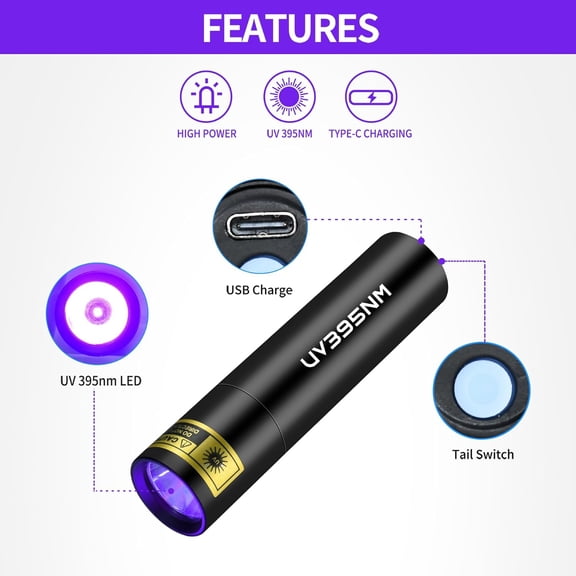 ZANHUA-UV Flashlight Black Lights Woods Lamp Powerful Mini Portable, LED 395nm USB Rechargeable Ultraviolet Blacklight Flashlights, Pet Urine Detector Light for uv Resin Curing