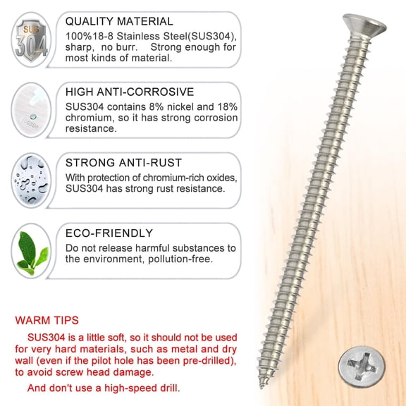 ZANHUA-Wood Screws - 20PCS Flat Head Phillips Screws, 304 Stainless Steel Screw with Adjustable Wood Countersink Kit (#10 x 3)