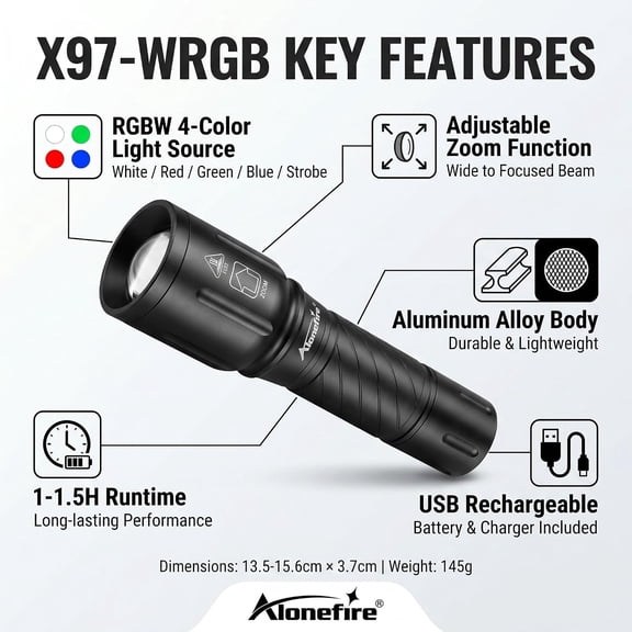 ZANHUA-X97 RGBW 4-in-1 Multi-Color LED Flashlight, White Red Green Blue Light with Red Strobe, USB Rechargeable Zoomable with Battery for Hunting, Fishing, Night Vision & Emergencies