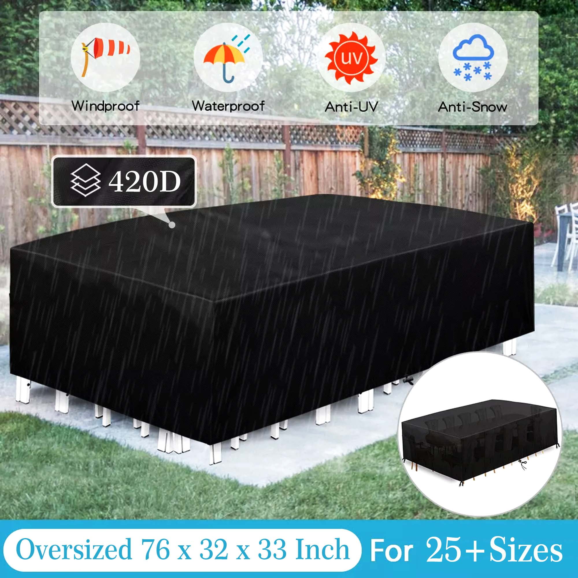 SHELTUSE Patio Furniture Covers Waterproof 76L x 32W x 33H inches Outdoor Furniture Cover Extra Large Patio Set Table Covers Rectangular with 4 Windproof Buckles, Black