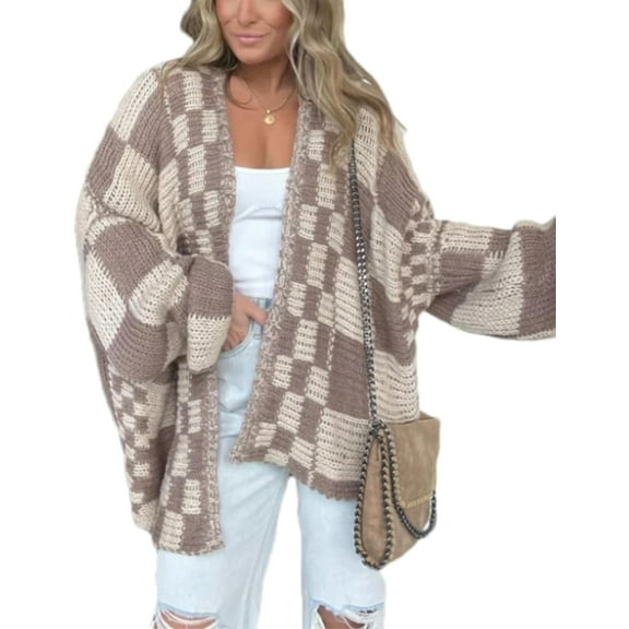 ZANKLEY Casual Cardigan Sweater for Women Fall Long Sleeve Open Front Knit Sweaters Checkered Outwear Coat