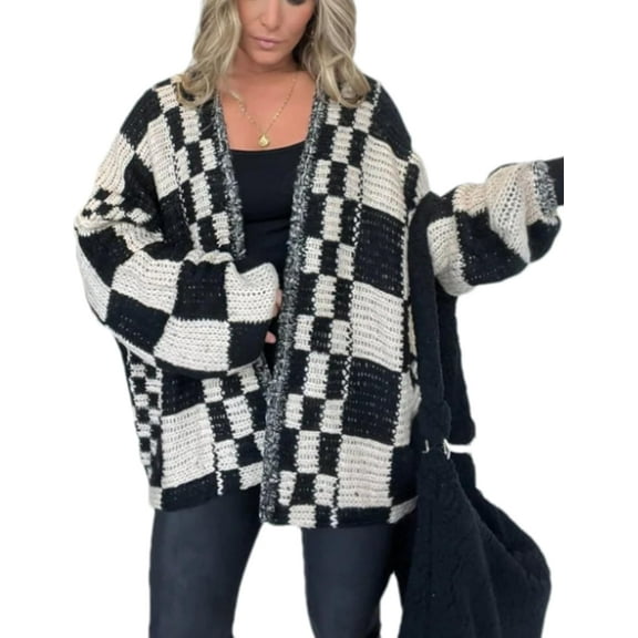ZANKLEY Casual Cardigan Sweater for Women Fall Long Sleeve Open Front Knit Sweaters Checkered Outwear Coat