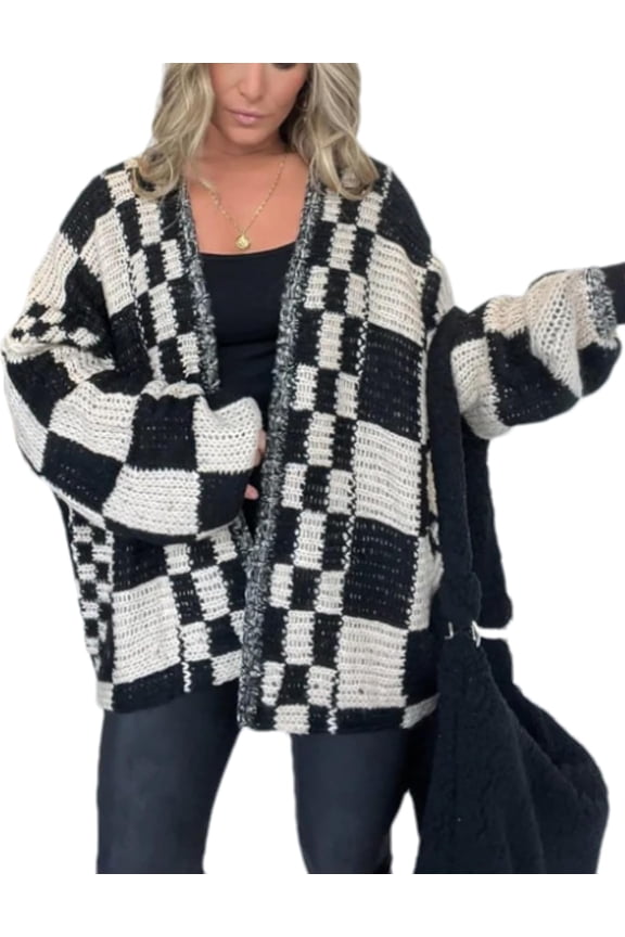 Casual Cardigan Sweater for Women Fall Long Sleeve Open Front Knit Sweaters Checkered Outwear Coat