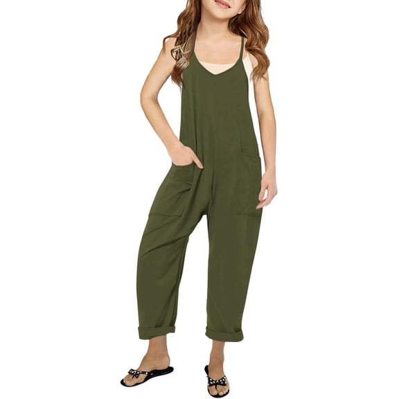 ZANKLEY Girls' Casual Sleeveless Jumpsuits Spaghetti Strap Loose Romper Long Pants with Pockets Daily Wear