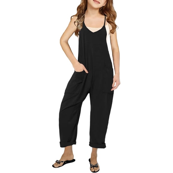 ZANKLEY Girls' Casual Sleeveless Jumpsuits Spaghetti Strap Loose Romper Long Pants with Pockets Daily Wear