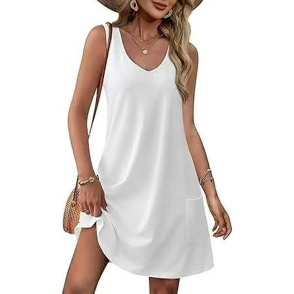 ZANKLEY Summer Casual Dresses for Women Loose Fit Sleeveless V Neck Sundress with Pocket
