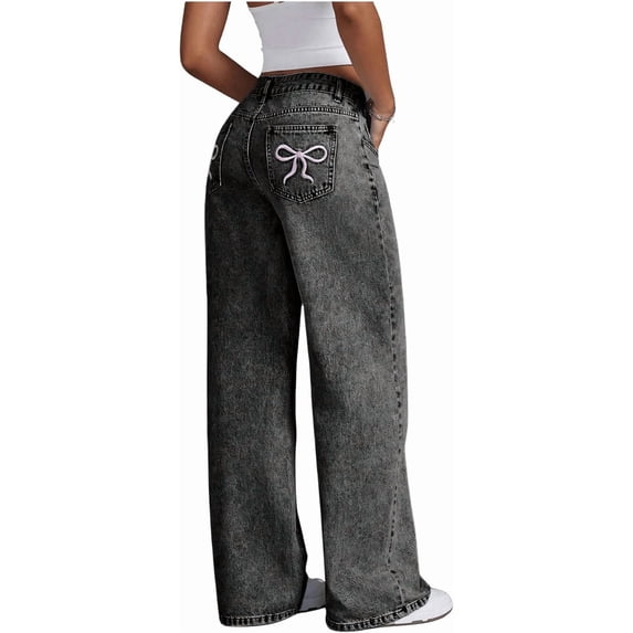 ZANKLEY Women Bowknot Embroidery Y2k Jeans Straight Leg Boyfriend Denim Pants