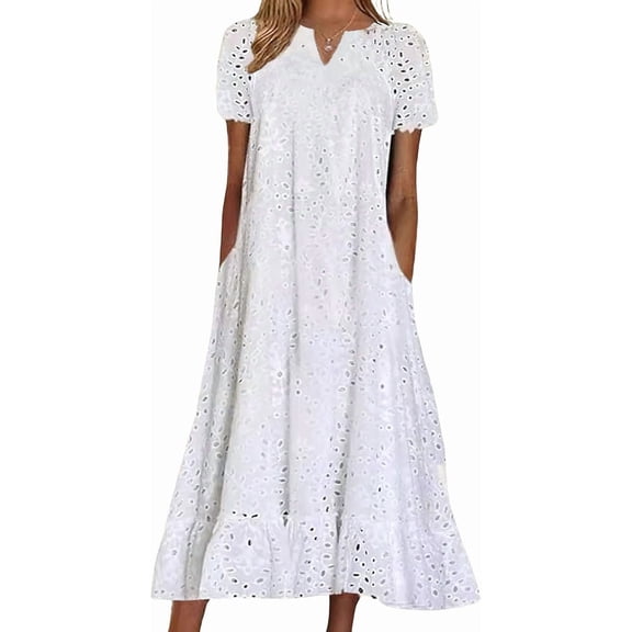 ZANKLEY Women Summer Ruffle Hem Floral Lace Eyelet Dress Casual Notch Neck Midi Tunic Dress with Pocket